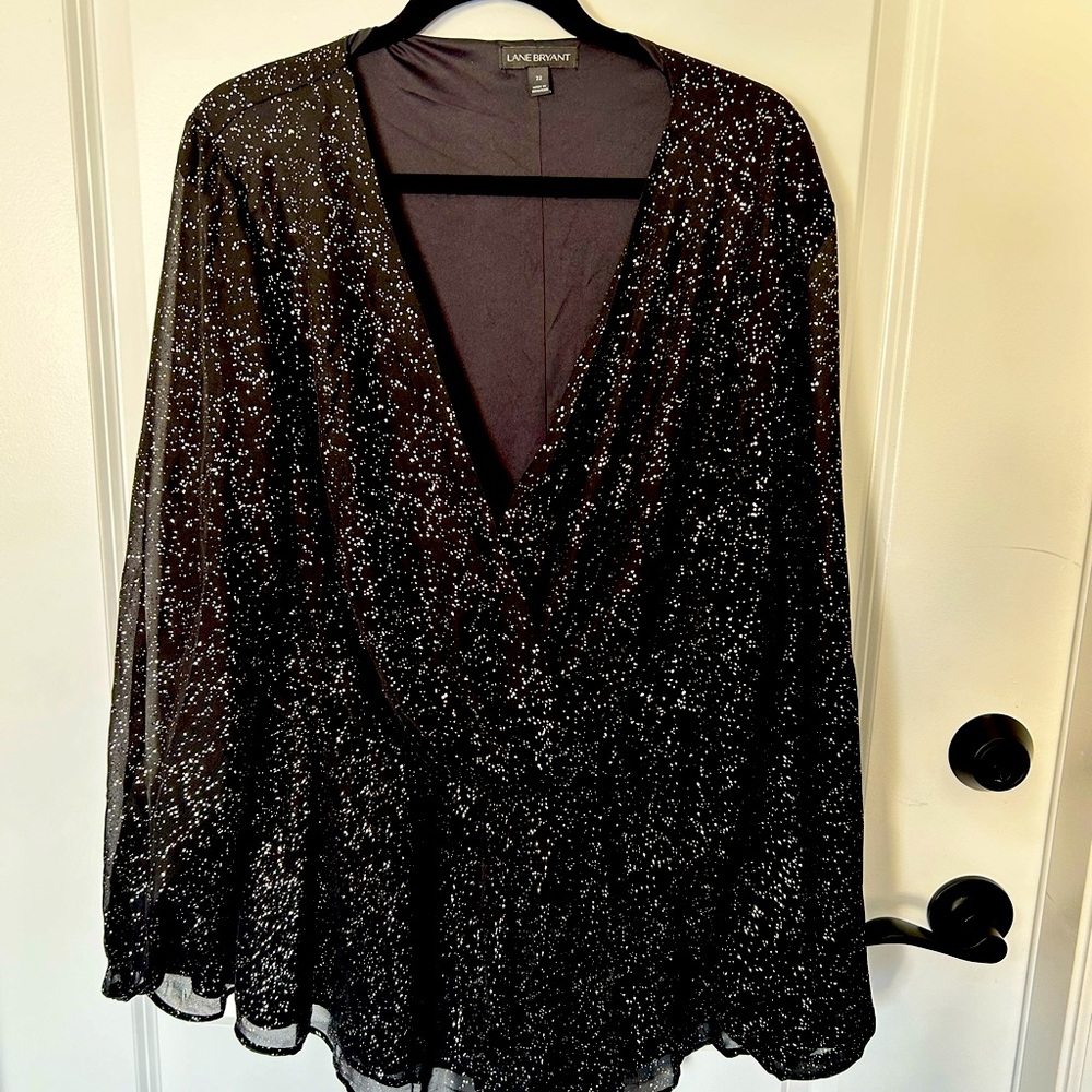 Lane Bryant Plus Size 22 Black and Silver Glitter Wrap Top